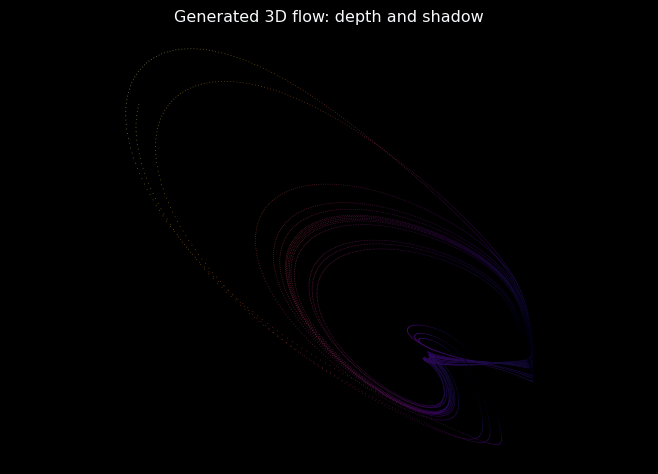 Generated Sprott-style flow with depth coloring